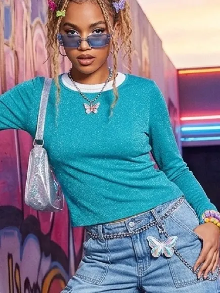 Susan Bristol Y2K Vintage Shimmer Top Sparkle Knit Medium Long Sleeve Stretch Teal Blue Bratz - Image 4