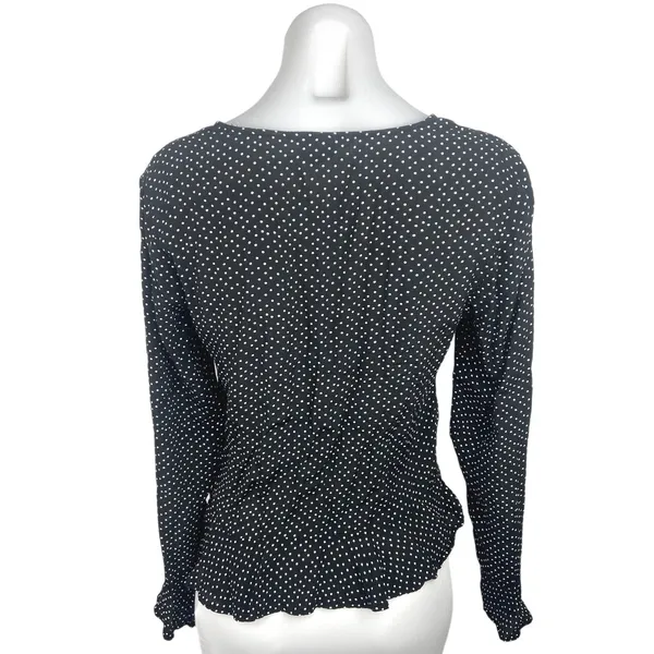 H&M Black White Polka Dot Ruffle V Neck Long Sleeve Peplum Blouse Top Size 4 - Image 2