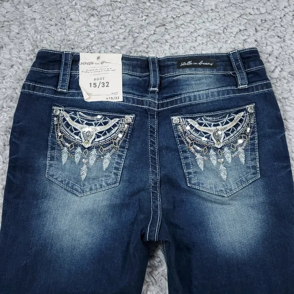 Stella in Dreams Mid Rise Boot Jeans Bootcut Sequin Bull Oxen Size 15 32 Blue - Image 3