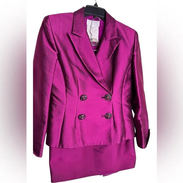 Badgley Mischka Fuchsia Skirt Suit Set Crystal Button Blazer Pencil Skirt Sz 10 - Image 6