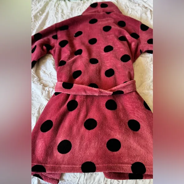 PINK Pink Polka Dot Plush Vintage Robe with Black Spots XS - Image 5