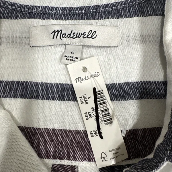 MADEWELL Striped Button-Up Shirt in Linen-Cotton Womens S Shirred 3/4 Sleeves - Image 7
