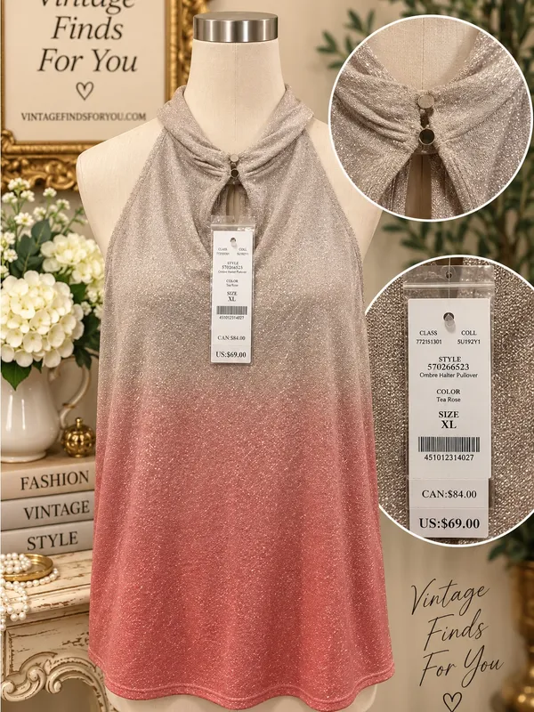 White House Black Market XL Tea Rose Ombré Metallic Shimmer Halter Top NWT - Image 3