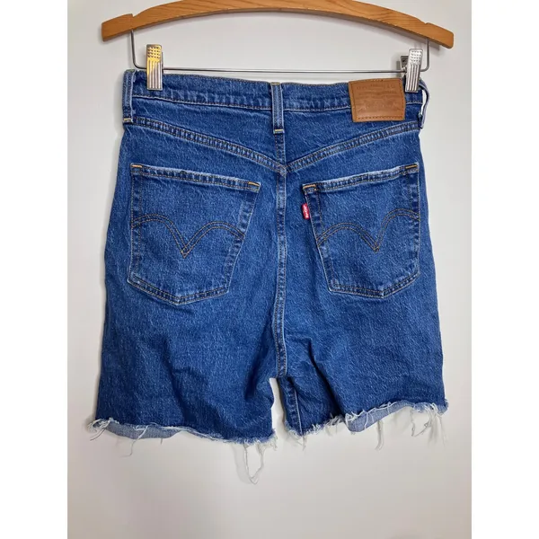 Levi's Ribcage Shorts Women 28 Blue Excellent Raw Hem High Rise Button Fly - Image 5