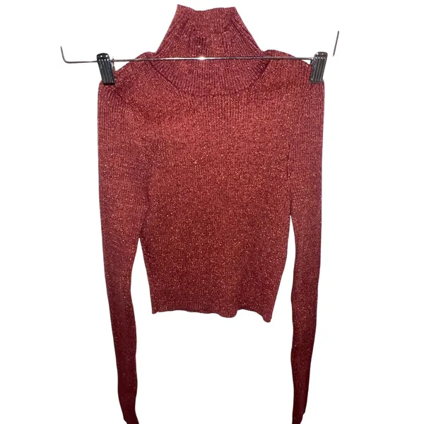 Zara‎ Cropped Turtleneck Long Sleeve Top Size Small Orange Sparkle Stretchy EUC - Image 3