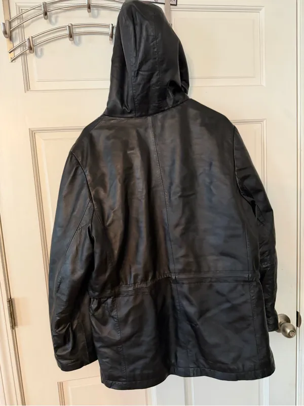 Sonoma Black Fuzzy Hooded Leather Jacket Size Large - Image 6