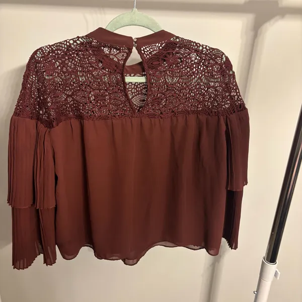 Abercrombie & Fitch Maroon Crochet Lace Pleated Sleeve Blouse - Image 7