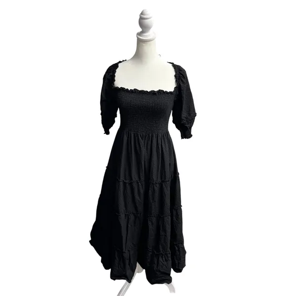 Hill House Nesli Nap Dress Short Puff Sleeve Swiss Dot Tiered Midi Black Small S - Image 5