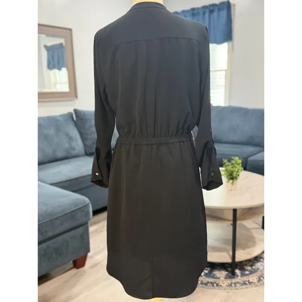 Apt. 9 Black Utility Shirt Dress Gold Zip Cinch Waist Long Sleeve Office Chic L - Image 5
