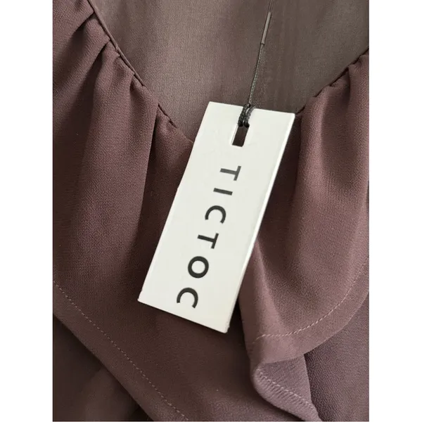 TIC TOC Chocolate Brown Chiffon Ruffle Tie Front Top S NWT - Image 4
