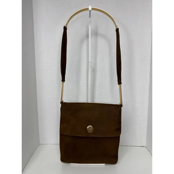 Prestige Vintage suede brown bag with gold hardware & flap closure - Image 13