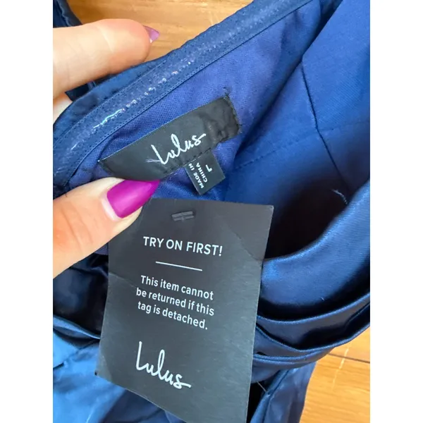 NWT Lulus Memorable Entrance Dark Blue Strapless Satin Maxi Dress Bridesmaid L - Image 7
