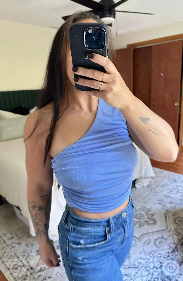 One Shoulder Crop Tank Top Blue - Image 2