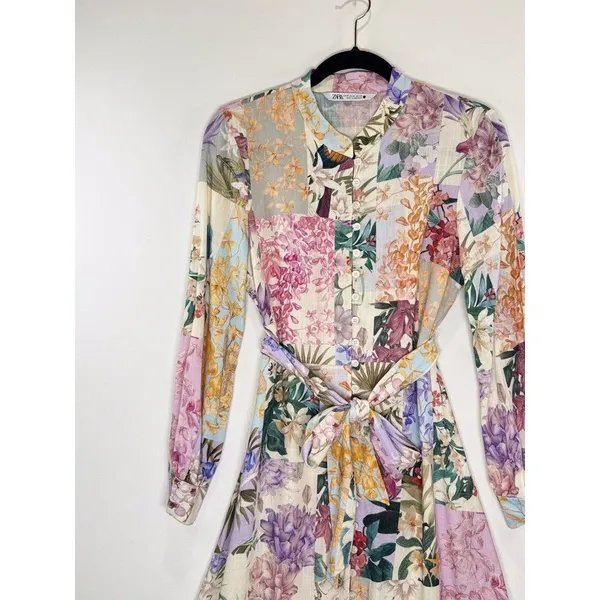 ZARA Dress Purple Mini Floral Patchwork Linen Shirtdress Waist Tie Boho Medium - Image 6