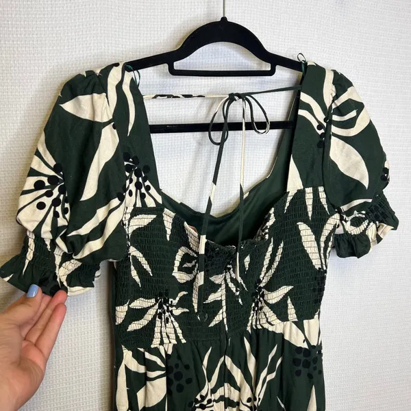 Francescas Forest Green Tropical Floral Linen Blend Puff Sleeve Midi Dress M - Image 4