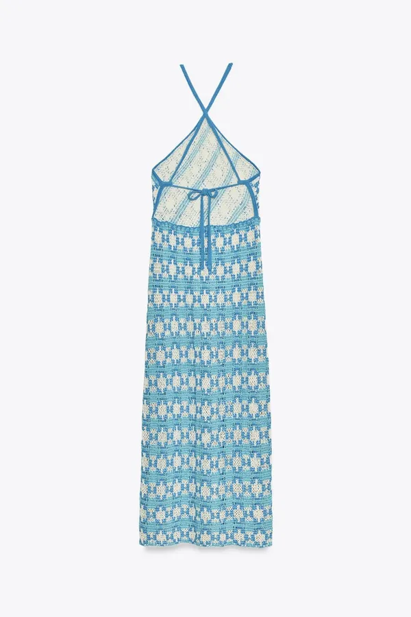 Zara Blue Patterned Crochet Halter Maxi Dress Bohemian Summer Casual - Image 6