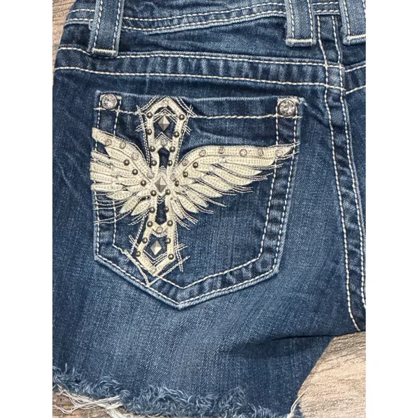 Miss Me Angel‎ Wings Cross Bling Distressed Denim Low Rise Y2K Bermuda Shorts 25 - Image 9