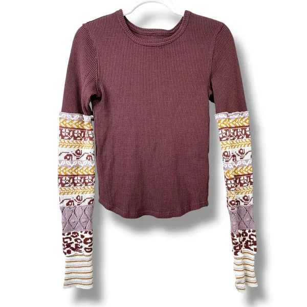 Free People We The Free Chocolate Combo All In Cuff Waffle Stitch Knit Top XS - Image 4