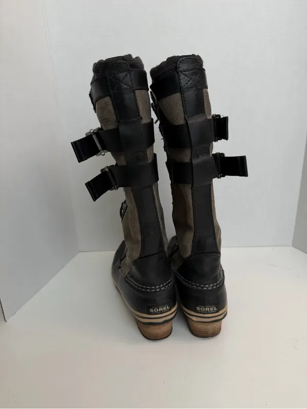 Sorel Boots Conquest Carly Leather Tall Lace Up Buckles Moto Olive Green Black - Image 3