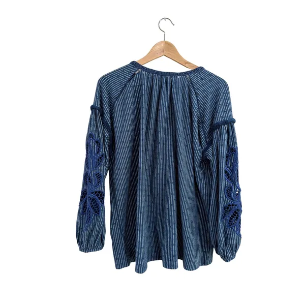 Lucky Brand Indigo Blue Striped Eyelet Crochet Lace Sleeve‎ Peasant Top 1X - Image 2