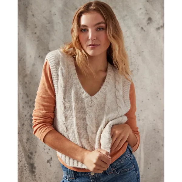American Eagle Womens Wool Blend Fisherman Cable Knit Sweater‎ Vest Size S Beige - Image 3