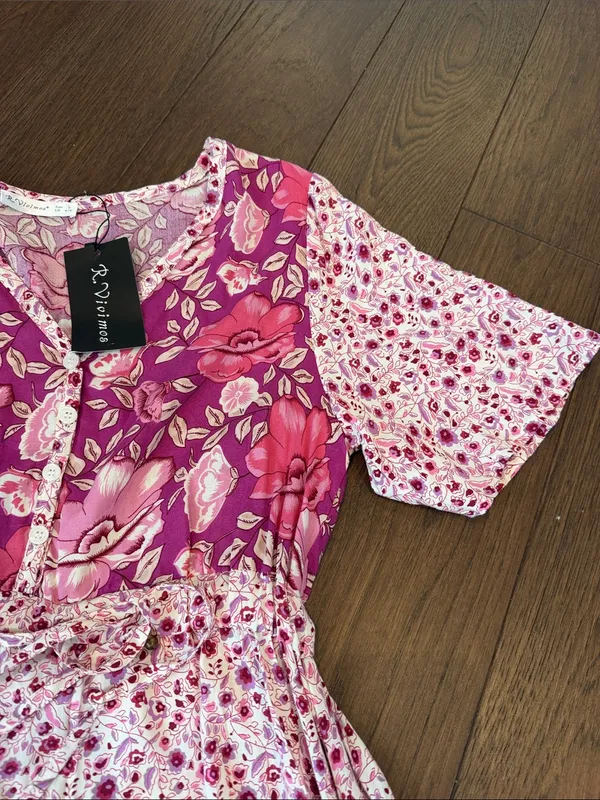 R. Vivimos Pink Floral Patchwork Tiered Casual MIDI Dress Small NWT - C26-031 - Image 5