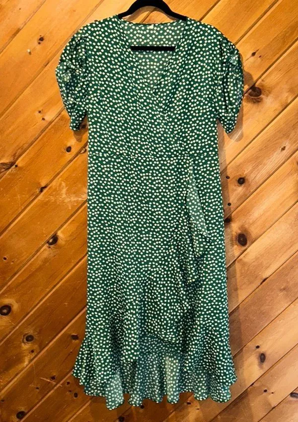 Green white dot Bohemia ruffle wrap maxi dress - Image 2