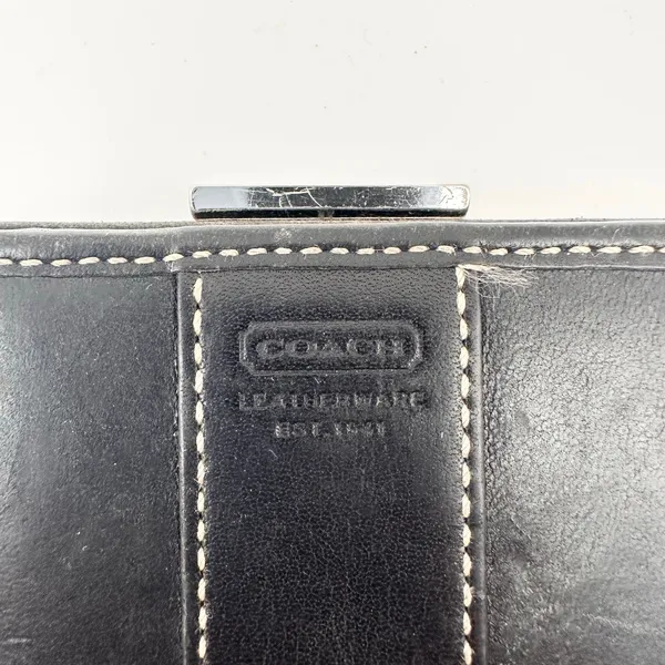 Coach Vintage Y2K Bifold Wallet Black Leather Contrast White Stitching Silver - Image 2