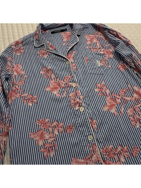Lauren Ralph Lauren Floral & Stripe Blue Pajama Sleep Shirt Button Up M Medium - Image 10