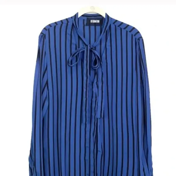 Reformation Eldridge blue stripe tie neck blouse S - Image 3