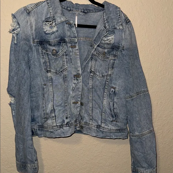 Free People Light Blue Distressed Denim Jacket - Image 3