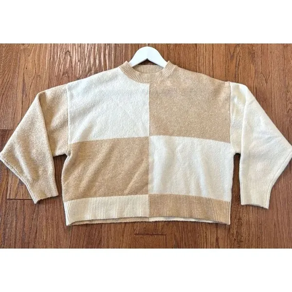 MNG Mango beige white checkered cropped sweater xs - Image 9