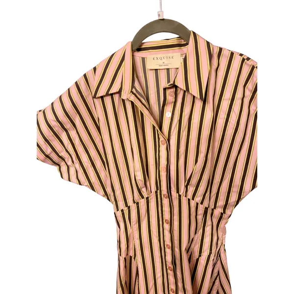 Anthropologie Exquise Raina Short Sleeve Midi Dress Size XS Pink Brown Stripe - Image 5