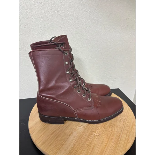 Vintage Justin Boots Womens 8‎ B Burgundy Kiltie Lace Up Roper Boots Leather USA - Image 3