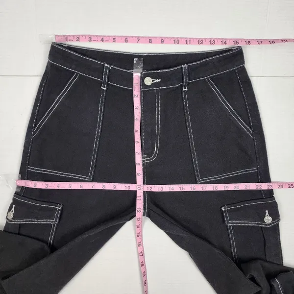 Cider Happy Hour Cargo Jeans Wide Leg Black Denim Contrast Stitch Size XL - Image 9