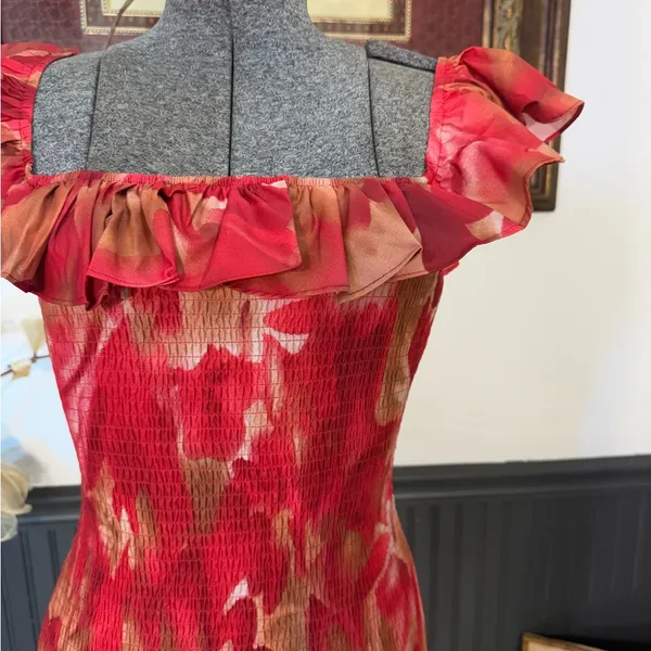 Sage + Paige Floral Smocked Ruffle Off Shoulder Midi Dress Red Sz S🧡🍄 - Image 5