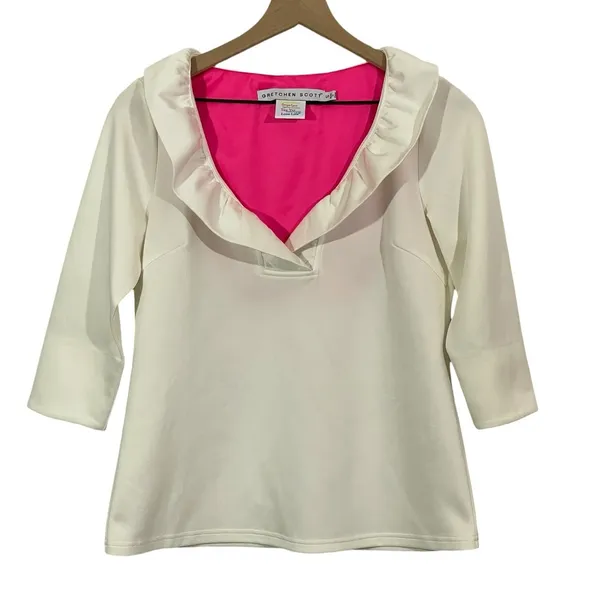 Gretchen Scott Jersey Ruffle Neck 3/4 Sleeve Top - White - Small - Image 2