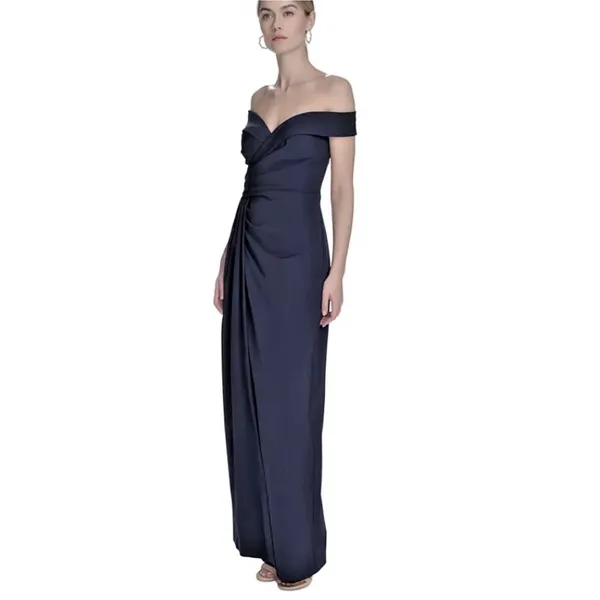 Eliza J Pleated Off Shoulder Gown Dress Size 4 $218 Navy Blue Crepe - Image 2