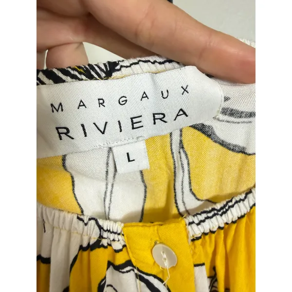 Margaux Riviera Yellow Floral Off Shoulder Button Front Mini Dress Large - Image 2