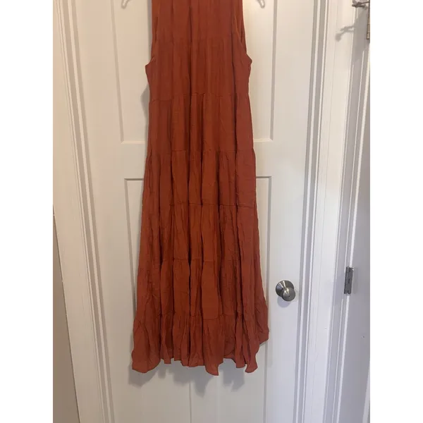 Entro Rust Orange Gauze Tie Neck Tiered Sleeveless Tank Boho Maxi Dress Small - Image 5