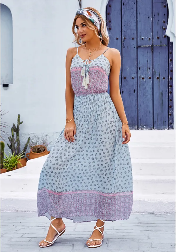 Floral Boho Blue Tie Sundress - Image 3