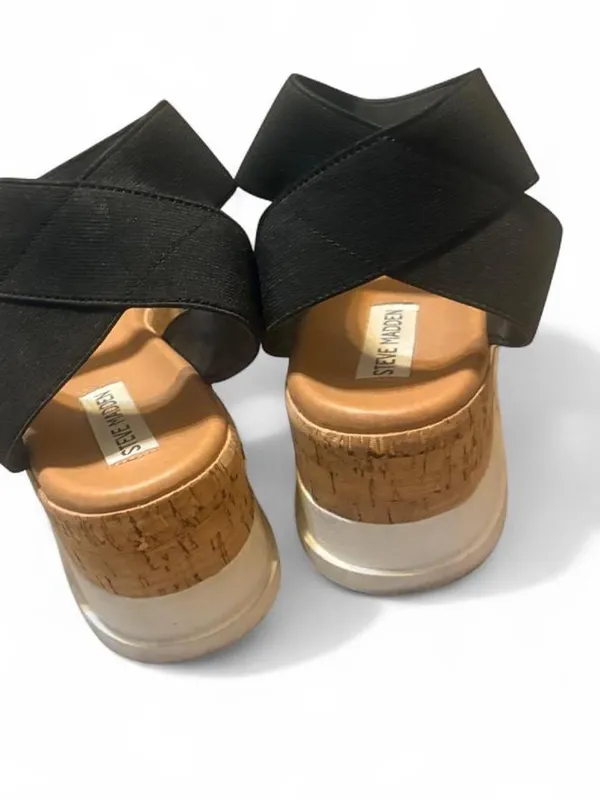 Steve Madden black platform sandals with cork sole and black elastic straps. 10 - Image 5