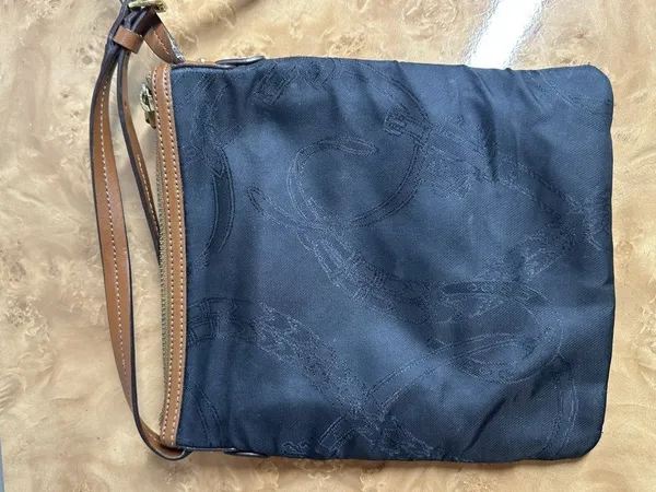 Ralph Lauren RLL Black Equestrian Jacquard Crossbody Bag Brown Leather Trim - Image 3