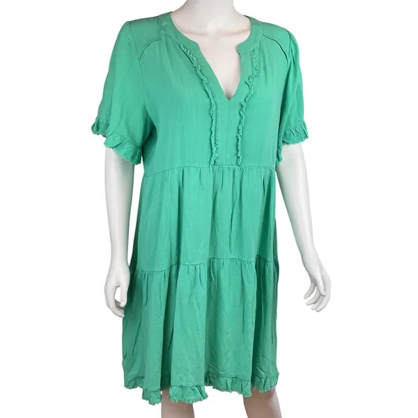 Umgee Green Tiered Frayed Hem V‎ Neck Short Sleeve Casual Dress Size Medium - Image 3