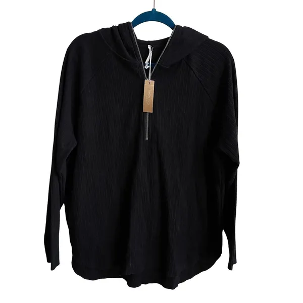 Hello Nite Ribbed‎ Quarter Zip Hoodie Womens S Black Minimalist Raglan H4D-09V61 - Image 2