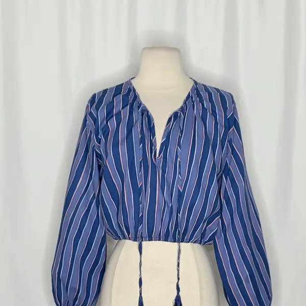 NATALIE MARTIN Amelia Top Batik Stripe Navy Cotton Tassel Tie Blouse Top Small - Image 3