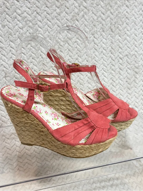 Bamboo Coral Red Espadrille Wedge Sandals 6 Floral T-Strap Cottagecore Y2K - Image 4