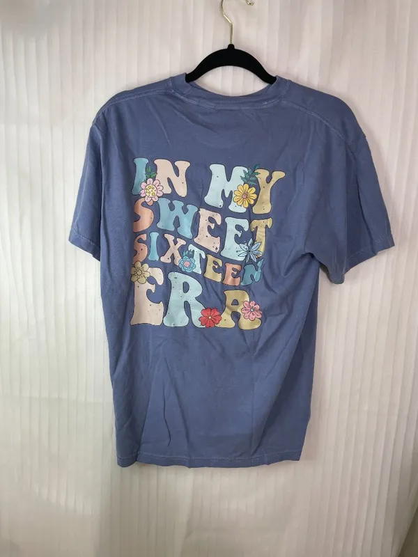 Comfort Colors Sweet 16 Graphic T-Shirt Medium Blue Floral Birthday 100% Cotton - Image 6