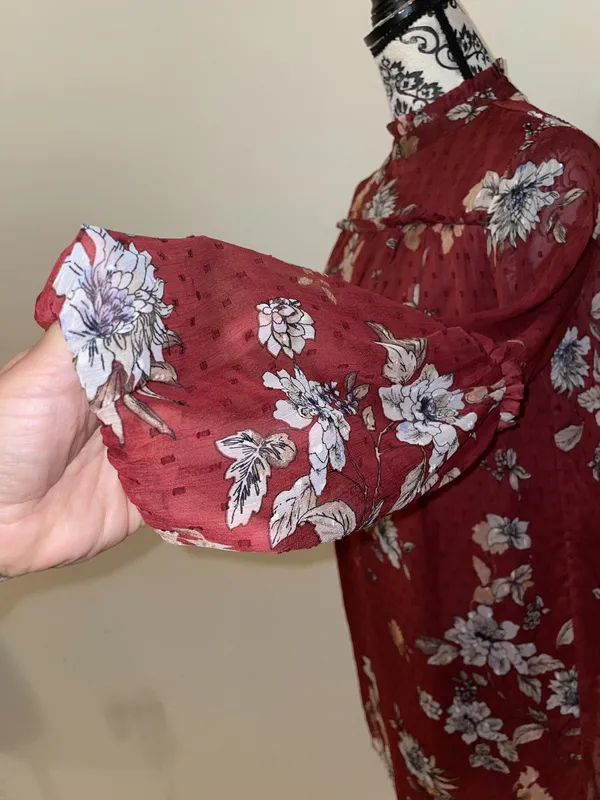 Japna Red Floral Boho Semi Sheer Ruffle Neck Long Sleeve Shift Dress Size Small - Image 5