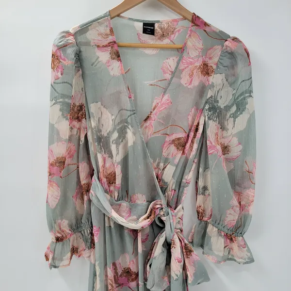 Express Wrap Dress Womens S/M Green Floral Watercolor Sheer Tiered Long Maxi - Image 5